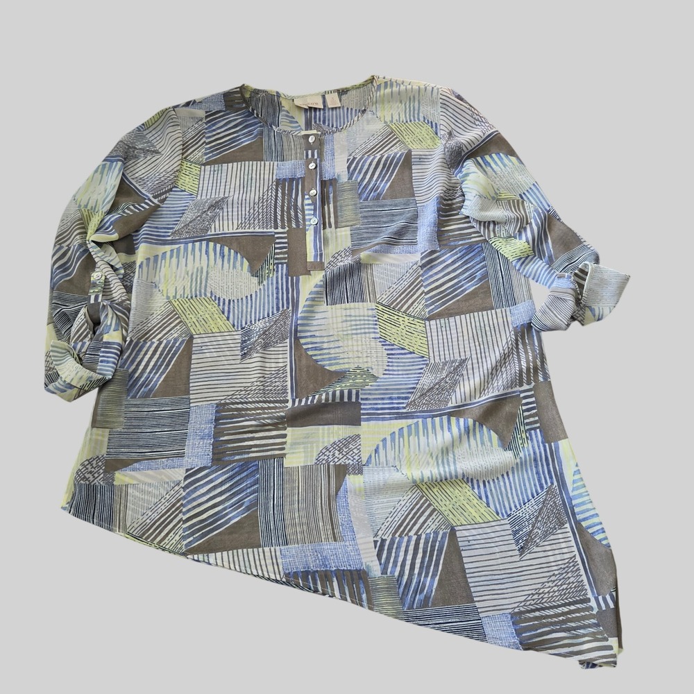 Chico's Size 3 Abstract Geometric Roll Tab Sleeve Asymmetrical Hem Tunic XL 16